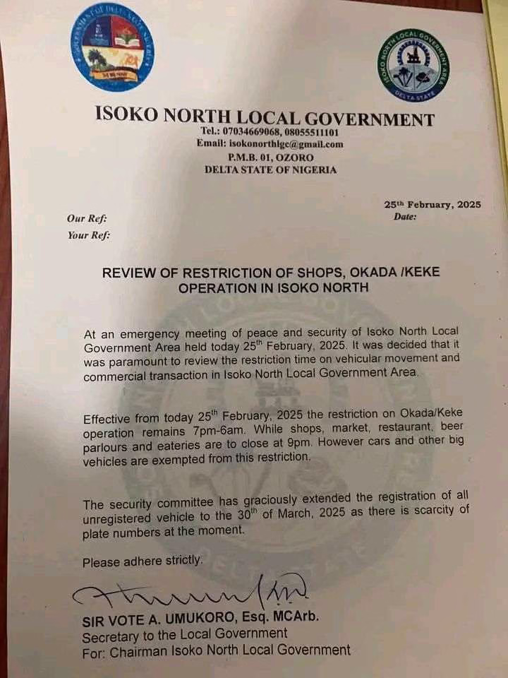 Isoko North Reviews Restriction on Shops, Okada, and Keke Operations 12 17405050977075942850086446270246