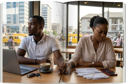 ADating couple sits silently at a café table, appearing emotionally distant as bills and financial documents lie between them, symbolizing money-related relationship stress.