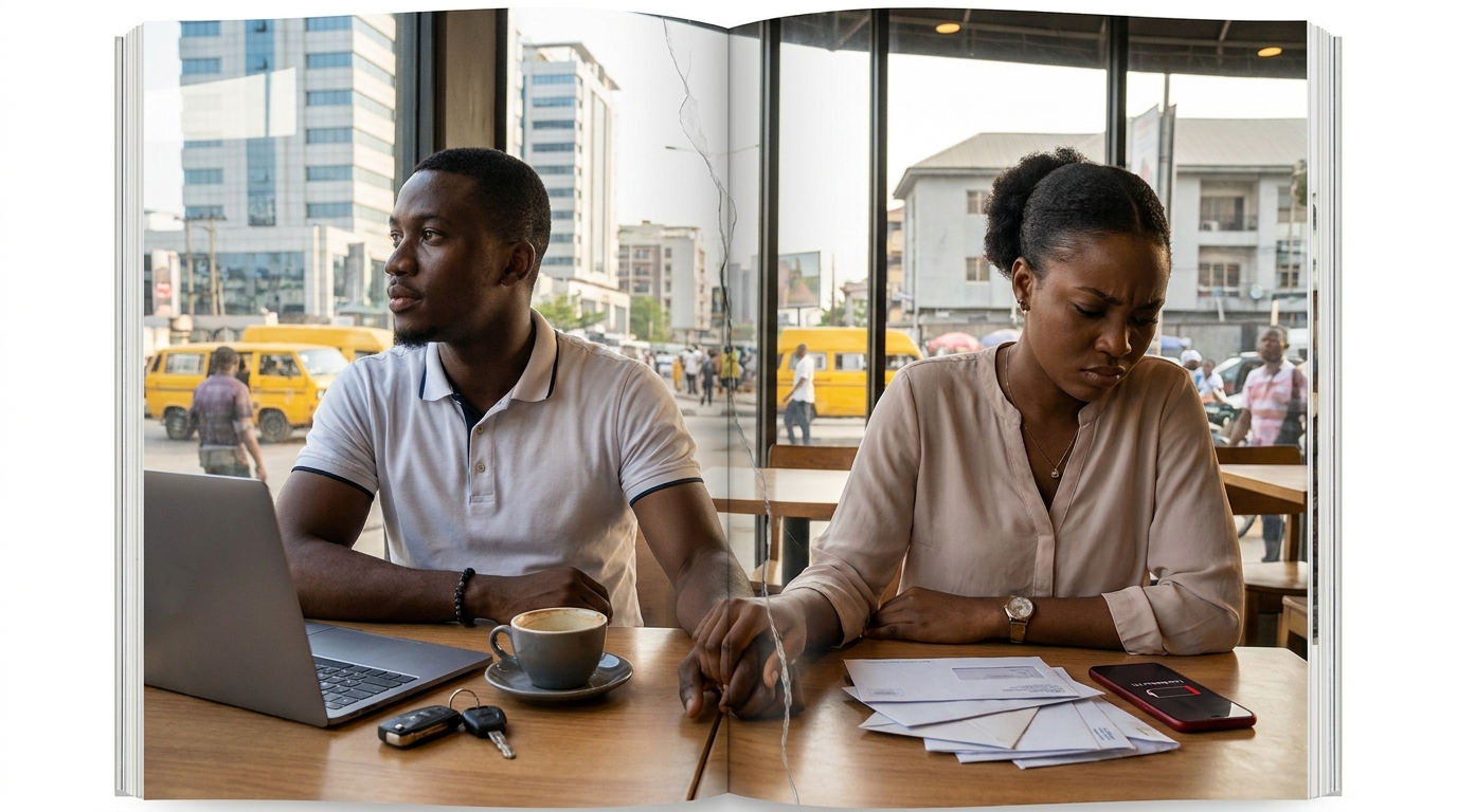 ADating couple sits silently at a café table, appearing emotionally distant as bills and financial documents lie between them, symbolizing money-related relationship stress.