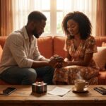 A Nigerian couple sitting closely on a terracotta couch in a warm, amber-lit living room, the man gently holding the woman's hands as she smiles softly, with a wrapped gift, handwritten note, steaming cup of tea, and two face-down phones on the coffee table symbolising the five love languages.