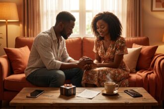 A Nigerian couple sitting closely on a terracotta couch in a warm, amber-lit living room, the man gently holding the woman's hands as she smiles softly, with a wrapped gift, handwritten note, steaming cup of tea, and two face-down phones on the coffee table symbolising the five love languages.