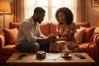 A Nigerian couple sitting closely on a terracotta couch in a warm, amber-lit living room, the man gently holding the woman's hands as she smiles softly, with a wrapped gift, handwritten note, steaming cup of tea, and two face-down phones on the coffee table symbolising the five love languages.