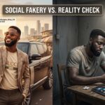 A split-screen illustration showing a Nigerian man posing confidently for a selfie beside a luxury SUV in designer Gucci clothing on the left, contrasted with the same man sitting alone in a dim room holding an empty wallet beside unpaid bills and a cracked phone on the right, captioned "Social Fakery vs. Reality Check."