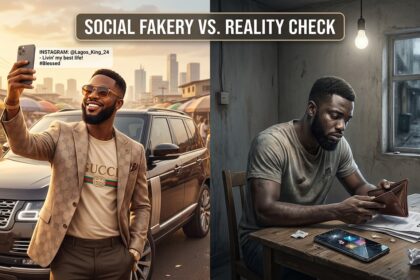 A split-screen illustration showing a Nigerian man posing confidently for a selfie beside a luxury SUV in designer Gucci clothing on the left, contrasted with the same man sitting alone in a dim room holding an empty wallet beside unpaid bills and a cracked phone on the right, captioned "Social Fakery vs. Reality Check."