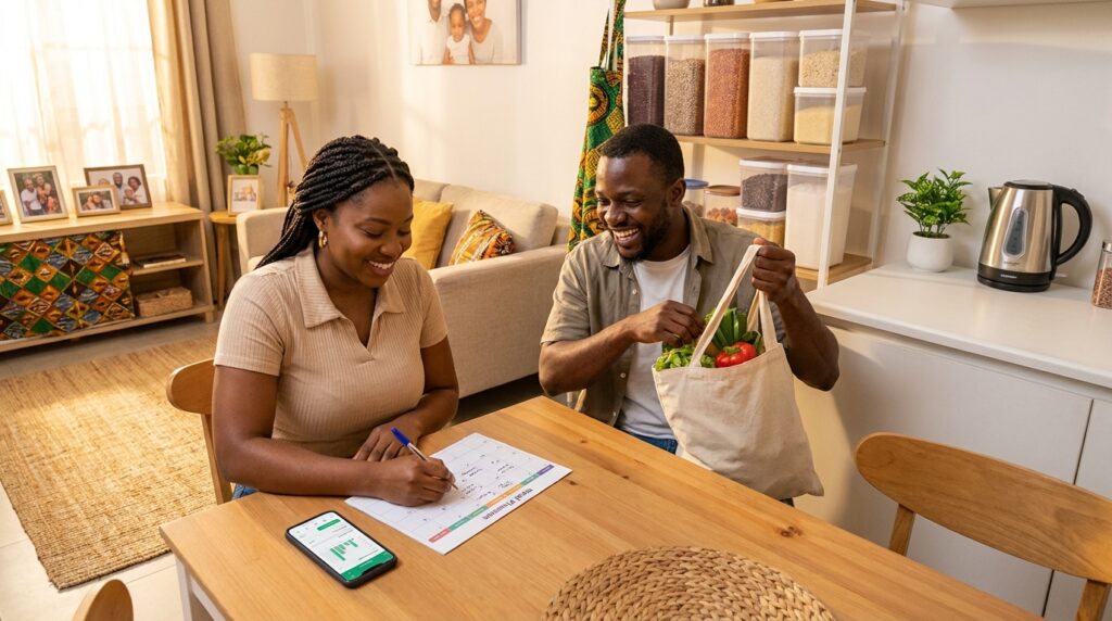 Living Well on a Budget: Practical Lifestyle Hacks for Nigerians 11 A happy Nigerian couple at a wooden dining table in a modern home. The woman with braided hair smiles while writing in a budgeting planner with a pen, as the man happily holds a canvas grocery bag filled with fresh vegetables. A smartphone showing financial charts sits on the table, illustrating smart family budgeting.
