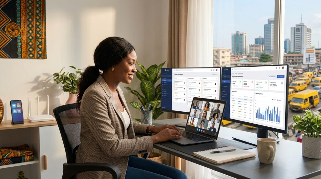 A Nigerian professional working remotely from a modern home office, attending a virtual meeting and managing projects on dual monitors with a Lagos cityscape visible through the window.