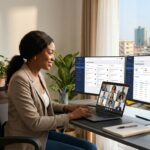 A Nigerian professional working remotely from a modern home office, attending a virtual meeting and managing projects on dual monitors with a Lagos cityscape visible through the window.