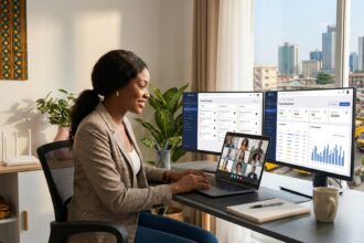 A Nigerian professional working remotely from a modern home office, attending a virtual meeting and managing projects on dual monitors with a Lagos cityscape visible through the window.