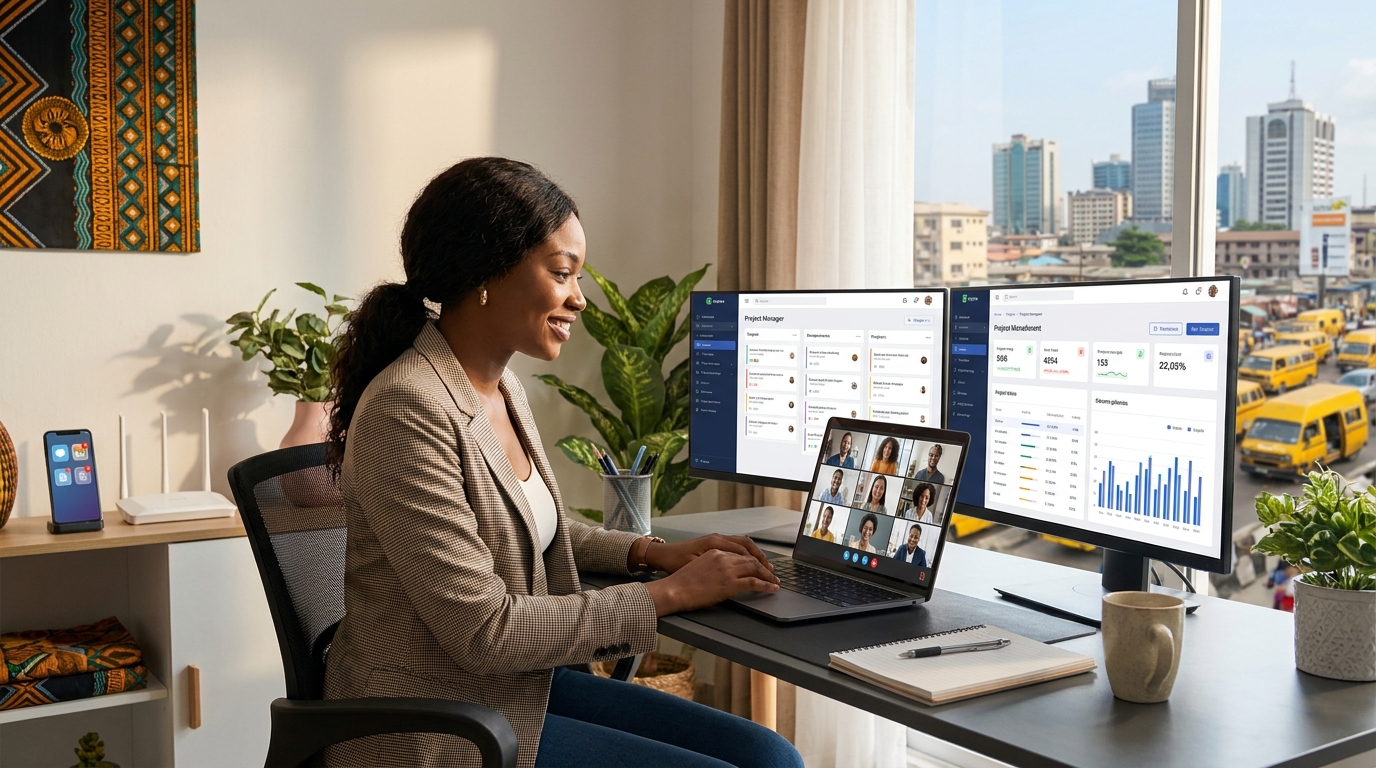 A Nigerian professional working remotely from a modern home office, attending a virtual meeting and managing projects on dual monitors with a Lagos cityscape visible through the window.