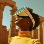 A young Black woman wearing a futuristic VR headset stands in awe, looking upward at ancient stone ruins under a clear blue sky. She is dressed in a bright yellow top, symbolizing the blend of immersive technology, beauty, and digital experiences in modern Nigeria.