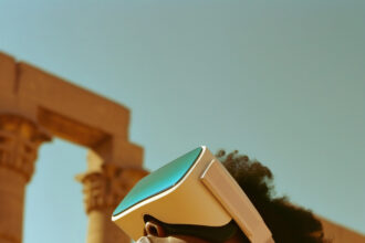 A young Black woman wearing a futuristic VR headset stands in awe, looking upward at ancient stone ruins under a clear blue sky. She is dressed in a bright yellow top, symbolizing the blend of immersive technology, beauty, and digital experiences in modern Nigeria.
