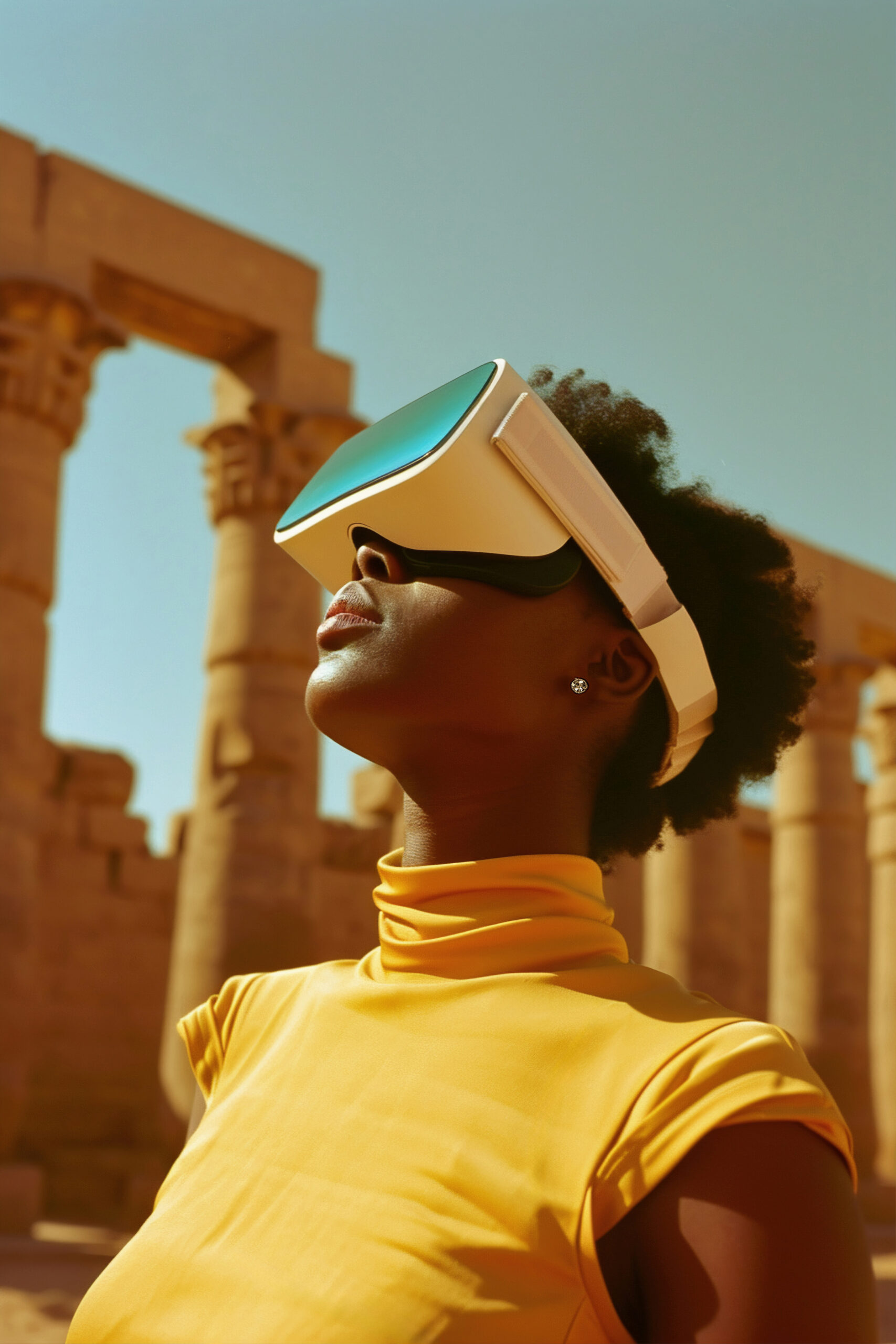 A young Black woman wearing a futuristic VR headset stands in awe, looking upward at ancient stone ruins under a clear blue sky. She is dressed in a bright yellow top, symbolizing the blend of immersive technology, beauty, and digital experiences in modern Nigeria.