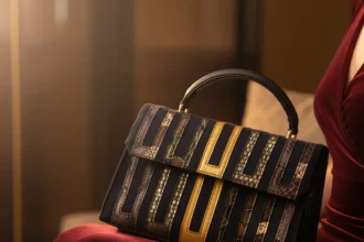 Alt Text: A structured luxury handbag with navy, gold, and snakeskin-textured patchwork panels resting on the lap of a woman wearing a deep red velvet dress in a warmly lit setting.