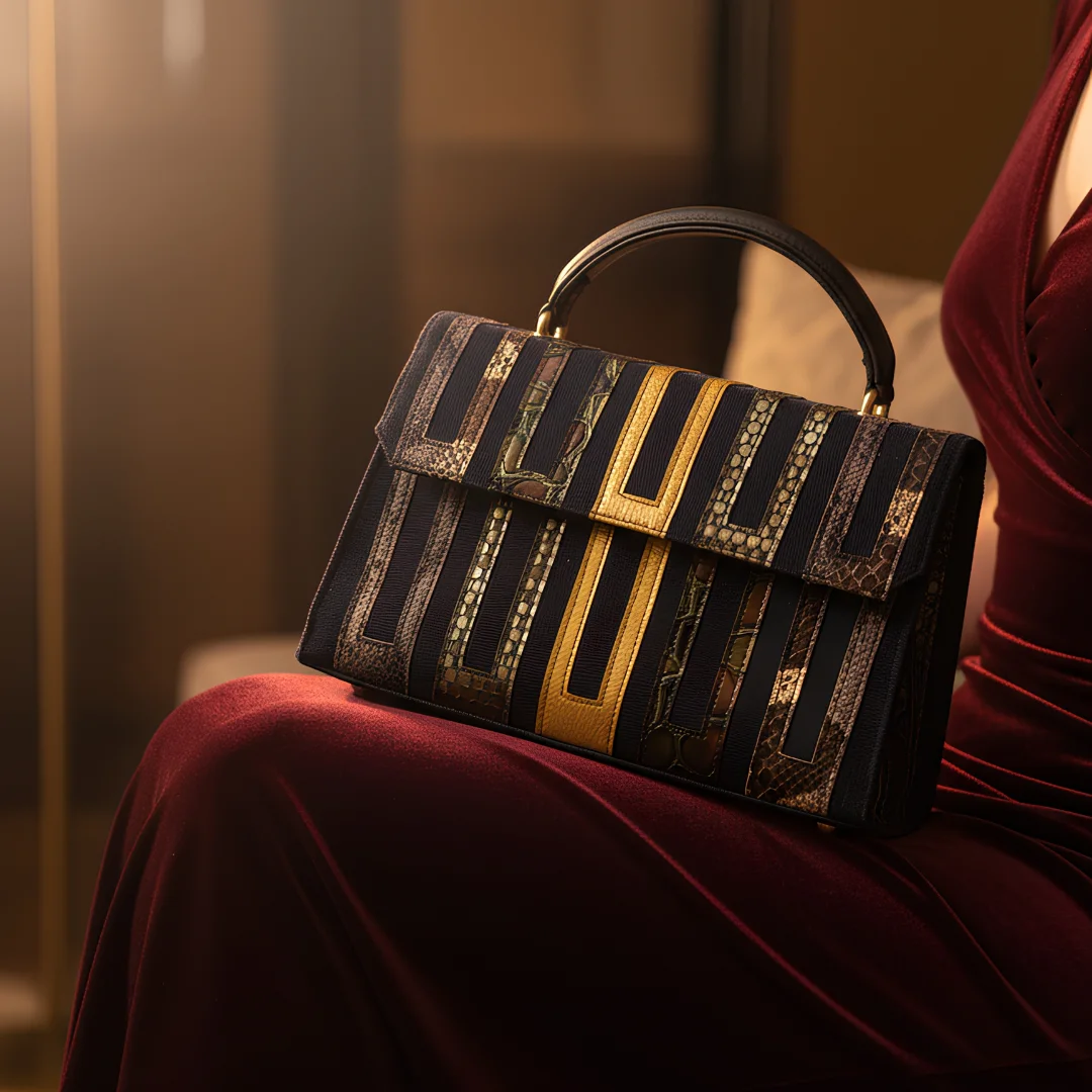 8 Powerful Handbags Every Nigerian Woman Needs to Always Look Stunning 12 Alt Text: A structured luxury handbag with navy, gold, and snakeskin-textured patchwork panels resting on the lap of a woman wearing a deep red velvet dress in a warmly lit setting.