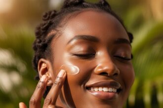Young Black woman applying facial moisturizer to her cheek outdoors, demonstrating a daily skincare routine in a sunny tropical setting.