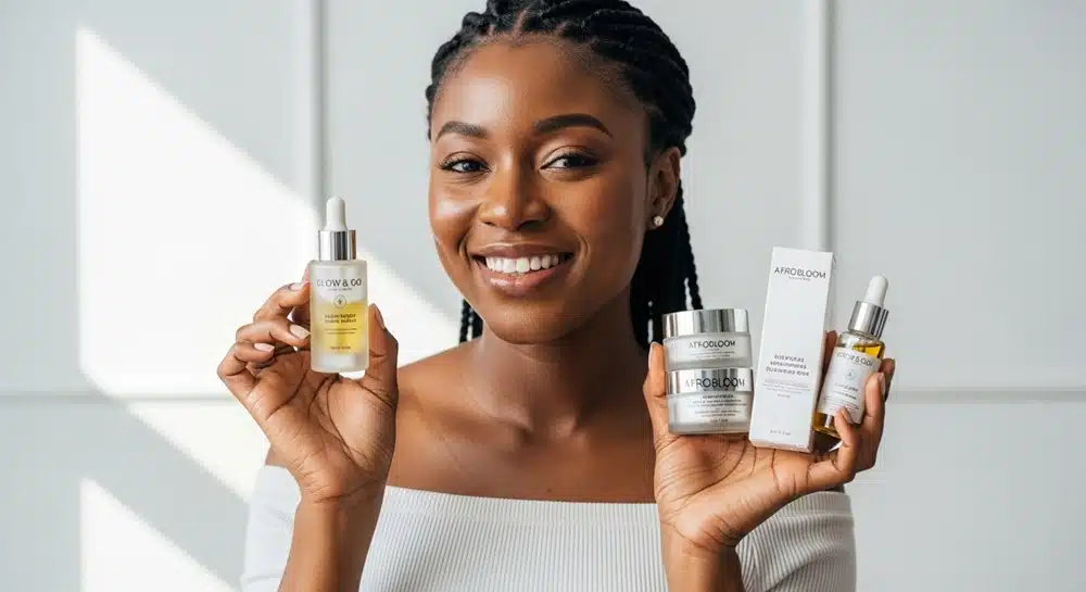 Radiant Nigerian Woman with Skincare Haircare Items on a Minimal Clean Background.jpg