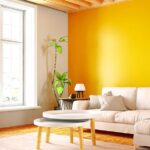 Modern living room with a bright yellow accent wall, white sofa, indoor plants, and large windows showcasing stylish interior paint ideas.