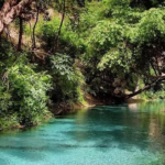 Crystal-clear turquoise spring surrounded by lush green trees, showcasing one of Nigeria's peaceful hidden natural destinations.