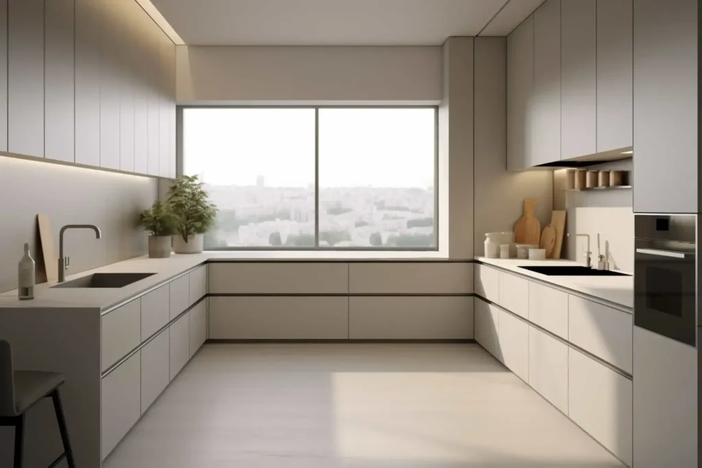 How to Create an Amazing Smart Kitchen on a Small Budget 11 A modern minimalist kitchen with sleek white and beige cabinetry, a U-shaped layout, built-in oven, induction cooktop, small indoor plants, and a large window overlooking a city view, flooded with natural light.