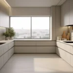 A modern minimalist kitchen with sleek white and beige cabinetry, a U-shaped layout, built-in oven, induction cooktop, small indoor plants, and a large window overlooking a city view, flooded with natural light.