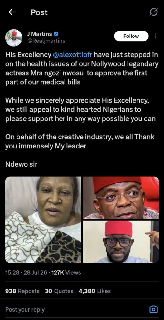 Governor Alex Otti Steps Up for Nollywood Icon Ngozi Nwosu's ₦30M Surgery Bills 2 screenshot 20260730 201511 x4693057829345600407