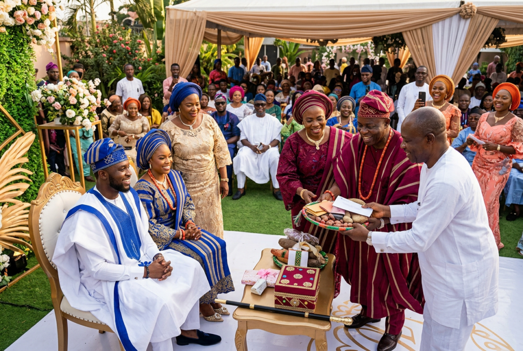 How Nigerian Wedding Traditions Differ Across Yoruba, Igbo, and Hausa Cultures 11 Yoruba traditional wedding ceremony with couple in blue and gold attire receiving family gifts and dowry items"